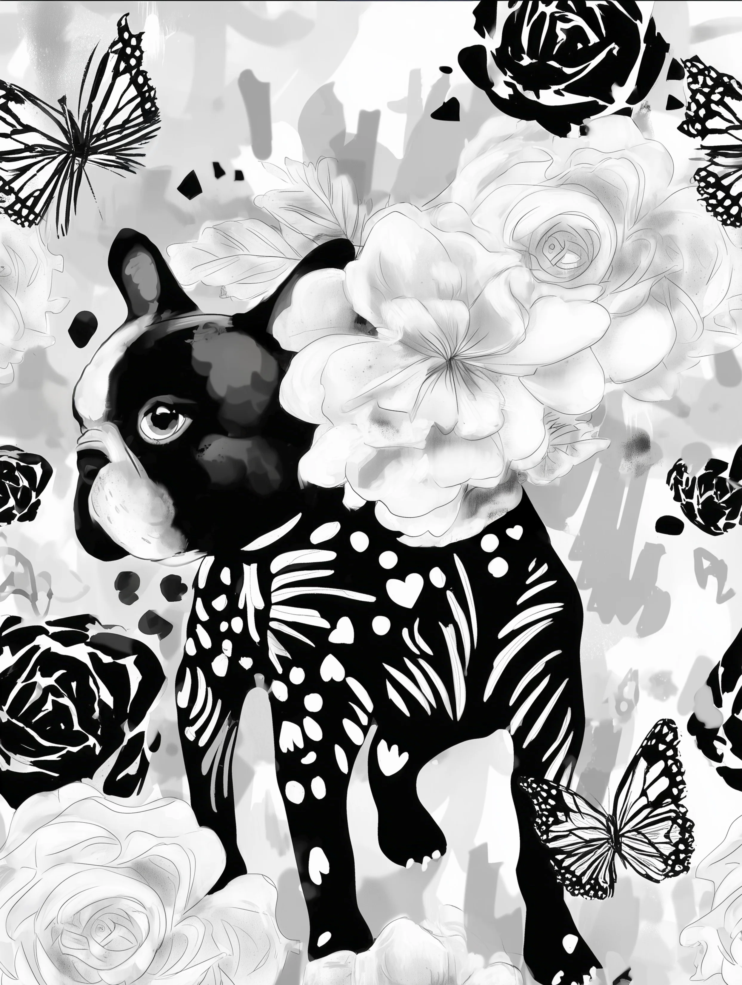 Free printable french bulldog coloring page featuring a frenchie hiding behind flowers